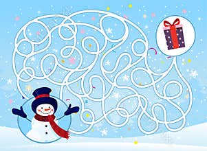 An entertaining maze game for children. Help the snowman find the way to the present. Puzzle for children. Labyrinth on the
