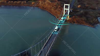 Autonomous Electric Van semi truck car driving on a highway with technology assistant tracking information, showing details