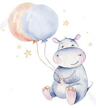Hand drawn cute isolated tropical summer watercolor hippo animals. hippopotamus baby and mother cartoon animal
