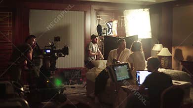 Film crew during filming. Filmmaking. Shooting. Film production. Time lapse