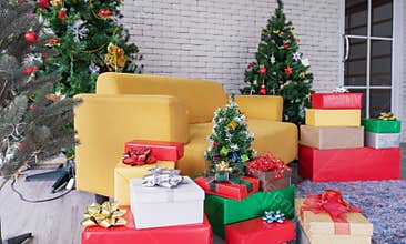 Christmas living room, Yellow sofa with Christmas trees, gift boxes, and Christmas decorations