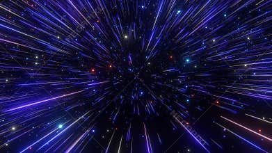 Abstract hyperspace background. Speed of light, neon glowing rays and stars in motion. Dark blue version. Moving through stars. 4k