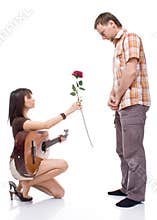 Girl gives the boy a rose