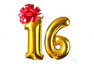 Number sixteen of golden helium balloons with red bow, on white background