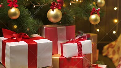 Close-up of christmas tree, decoration and gift boxes. Christmas lights and garland on dark background - happy holidays and new ye