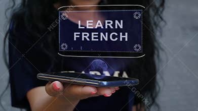 Woman showing HUD hologram Learn French