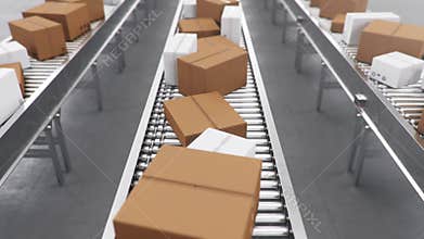 Packages delivery, packaging service and parcels transportation system concept, cardboard boxes on a conveyor belt in a