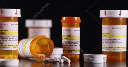 Slow Panning of Non-proprietary Medicine Bottles and Pills on Dark Wood Surface.