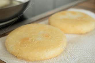 Food photography of deep fried arepas