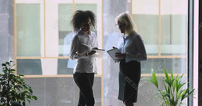 Middle aged businesswoman consulting african american employee.