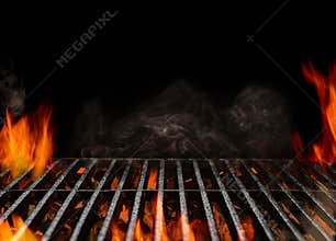 Hot empty portable barbecue BBQ grill with flaming fire and ember charcoal on black background. Waiting for the