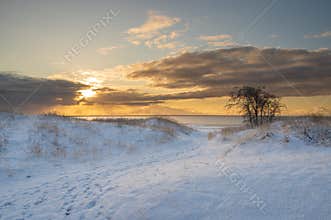 Boardwalk to the beach through dunes covered by fresh snow in winter morning