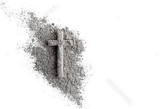 Ash wednesday, crucifix made of ash, dust as christian religion. Lent beginning