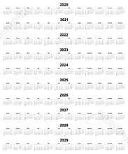 Simple editable vector calendars for year 2020 2021 2022 2023 2024 2025 2026 2027 2028 2029 mondays  first, sundays in red