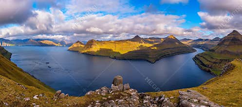 Panorama of fjords near the village of Funningur in Faroe Islands, Denmark