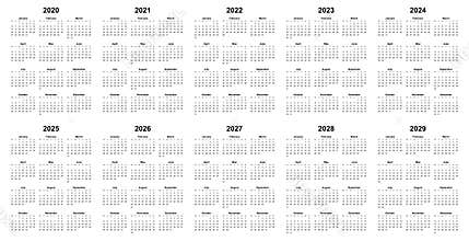 Simple editable vector calendars for year 2020 2021 2022 2023 2024 2025 2026 2027 2028 2029 mondays  first