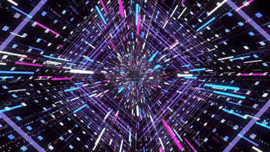 Virtual neon tunnel with glowing stripes. Animation. 3D immersion in cyber space of square tunnel with stream of shining