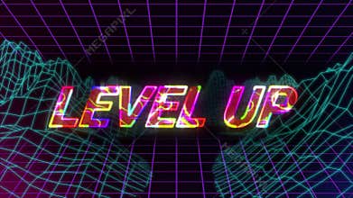 Animation vintage video game screen with word level up written