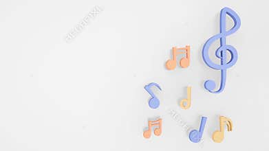 Music notes 3D rendering on white background. Dancing colourful music notes.