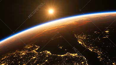 Sunrise in space. Amazing night view on european zone of planet earth.