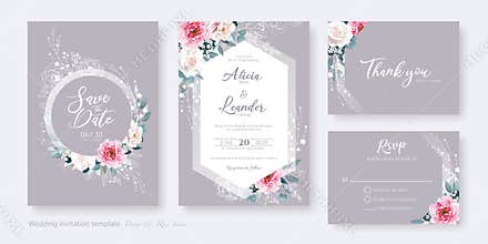 Set of floral wedding Invitation card, save the date, thank you, rsvp template.