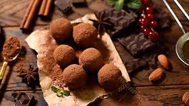 Raw vegan chocolate energy balls, vegetarian dark chocolate truffles