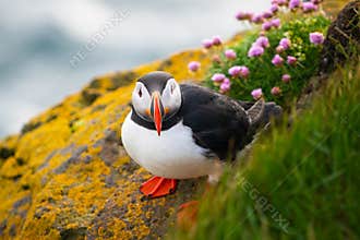 Wild Atlantic puffin seabird in the auk family