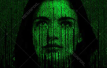 Female face with matrix digital numbers artifical intelligence AI theme