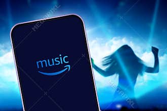 Smart phone with the AMAZON MUSIC logo Amazon music application