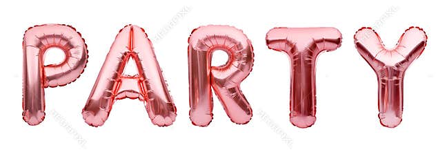 Pink golden word PARTY made of inflatable balloons isolated on white background. Rose gold foil balloon letters. Celebration