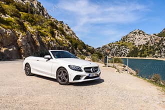 Mercedes Benz car parked in the mountainous part of the island of Majorca
