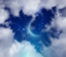 Falling star and new moon, heart shape clouds