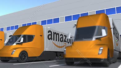 Electric semi-trailer trucks with Amazon logo being loaded or unloaded at warehouse. Logistics related loopable 3D
