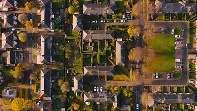 Birdseye overhead view of Houses during sunset. Autumn in England. Beverley, UK