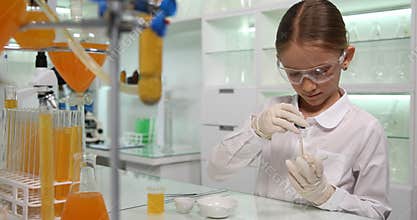 Kid Making Chemical Experiment in School Lab, Student Child in Science Class, Girl in Laboratory