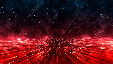 Space with bright rotating red particles and beams of bright light