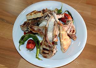 Various Kebab on Plate with Rice and Vegetables