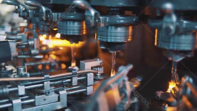 Machinery factory. The machine tool works at the factory for creating medicing ampoules. Pharmacy industry concept. Close up of ph