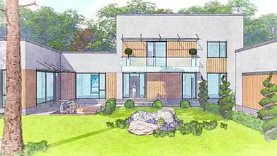 A 3d illustration of a private residential modern house, stylised as a drawing.