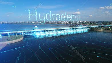 An aerial view a of the hydroelectric power station with hydroelectricity text label and flowing river. 3D infographic