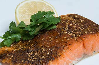Grilled Salmon cajun spiced fillet with lemon and cilantro