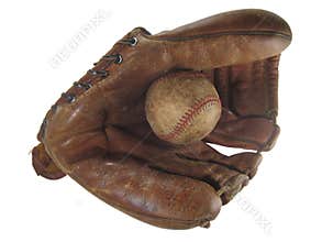 Old baseball glove and ball