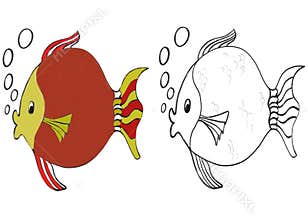 Illustration of isolated fish cartoon colored and black white coloring for children