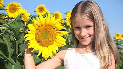Farmer kid in sunflower agriculture field, teenager girl, child playing in agrarian harvest