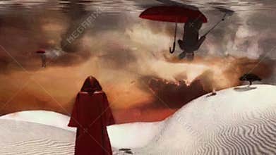 Figure in red cloak stands in desert