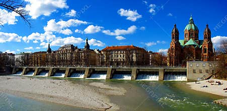 Munich - Isar river and St. Lukas Church
