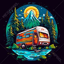 Summer holidays and camping. Travel by caravan for adventure. Family trip. Cartoon vector illustration. label, sticker, t-shirt