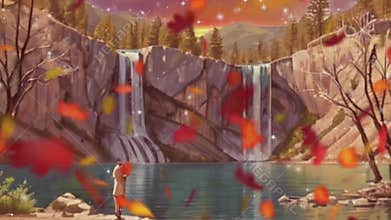 Animated video of lakes with waterfalls and moving clouds. anime style