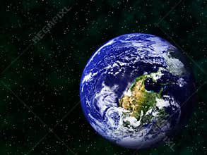 Realistic image of the earth upside down in space