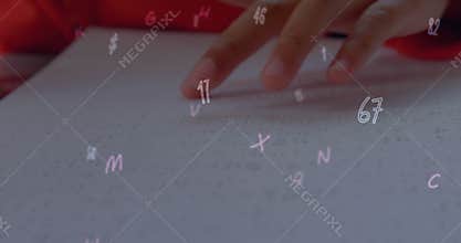Animation of numbers over caucasian schoolgirl reading braille